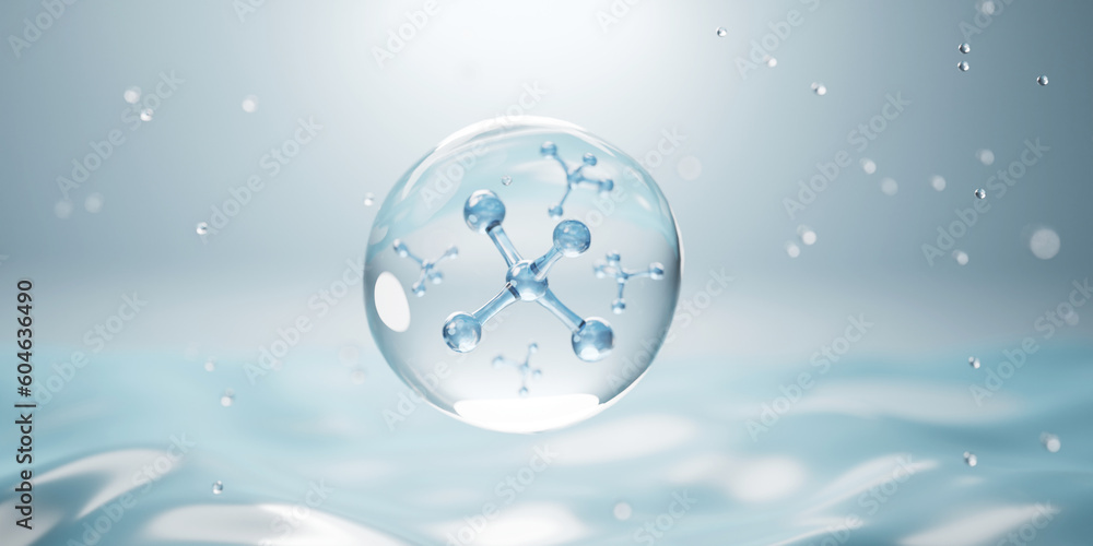 molecule inside bubble on blue background, concept skin care cosmetics solution. 3d rendering. - obrazy, fototapety, plakaty 