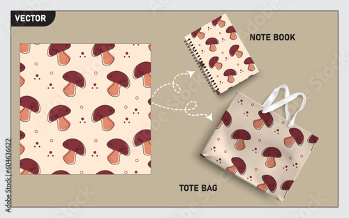mockup tote bag and note book with mushroom vector seamless pattern.