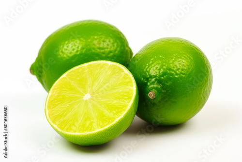 Fresh ripe limes isolated on white background. Generative AI.