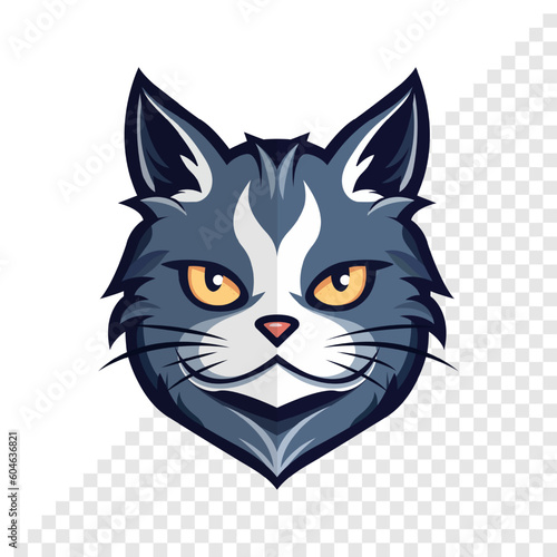 The head of cat. Logo, sticker or label with cat. Fluffy kitty. Cute and playful pet. Vector