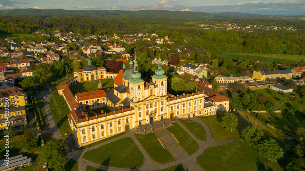 Aerial view of Virgin Mary's basilica during sunset. Photographed in Svatý Kopeček town near Olomouc city. 