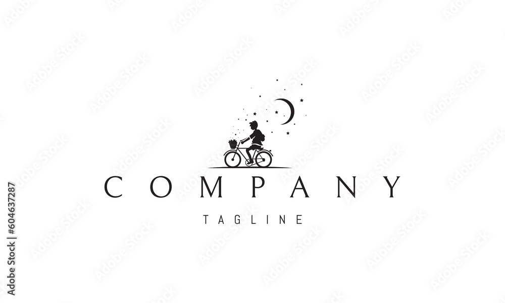 Vector logo on which an abstract image of a child riding a bicycle under a starry sky with a basket full of collected stars. .