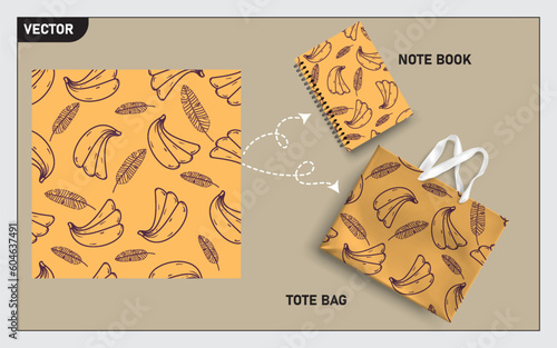 mockup tote bag and note book with banana line art seamless pattern vector.