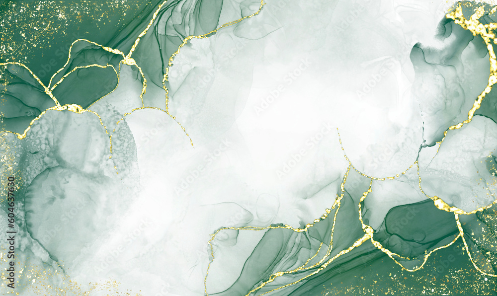 Fototapeta premium Green alcohol ink, beautiful abstract ink flow art mixed with gold pattern or gold leaf with translucent background. Illustration with a translucent background.