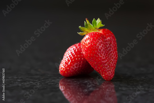 Strawberry. Red ripe strawberries on a black marble background with reflection. Selective focus
