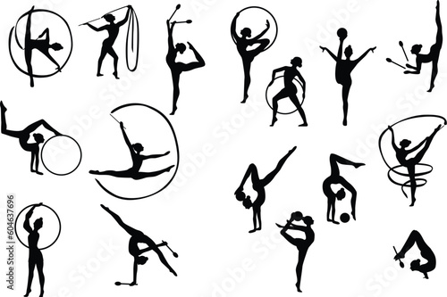 nine black figures of gymnasts on a white background