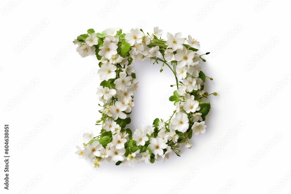 Floral design in the shape of the letter D, on a white background. Ai generated.