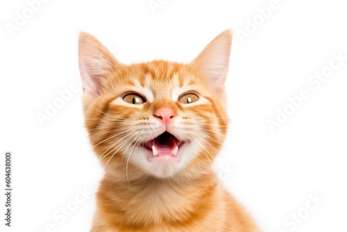 An adorable orange tabby kitten looks at the camera, isolated on white background. Ai generated.