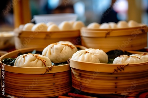 Delicious round boxes with traditional Dim Sum filled with tasty Asian food. Ai generated.