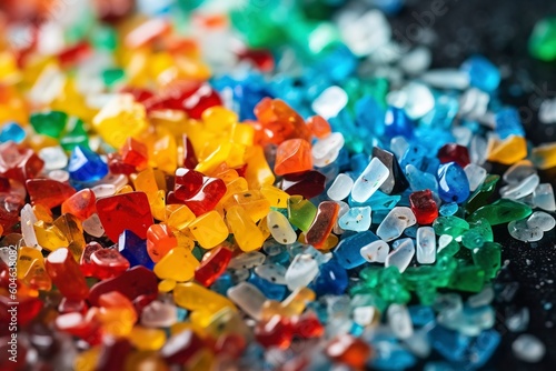 Macro detail of small remains of colored plastic, used in industry. Ai generated.