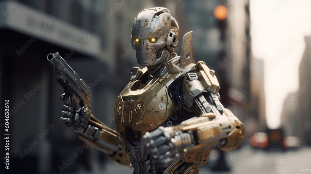 Robot holding a gun in a street at day time Robot holding a gun in a street at day time