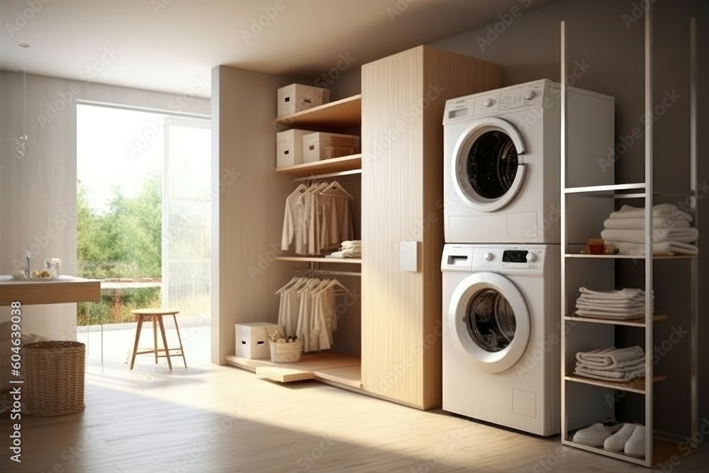 Home laundry room furniture with modern washing machine in minimalist style. Generative AI Home laundry room furniture with modern washing machine in minimalist style. Generative AI