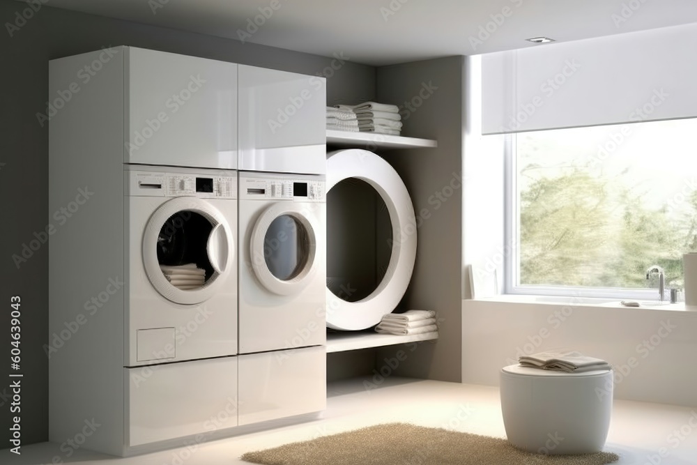 Home laundry room furniture with modern washing machine in minimalist style. Generative AI Home laundry room furniture with modern washing machine in minimalist style. Generative AI