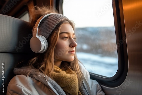 A woman wearing headphones looking out the window © Nedrofly