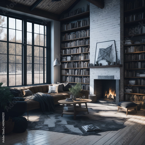 Wallpaper Mural Realistic Modern Luxury High Ceiling Cabin Living Room Interior Wooden Floor With Big Windows Natural Sun Light Wall Library, Stone Fireplace Mountain  Forest Scene Generative Ai Torontodigital.ca