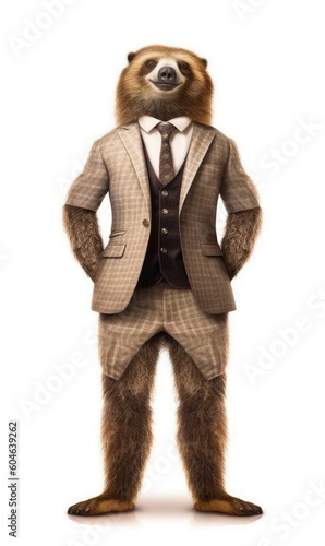 Sloth dressed in a suit like a businessman, isolated on white (generative AI)
