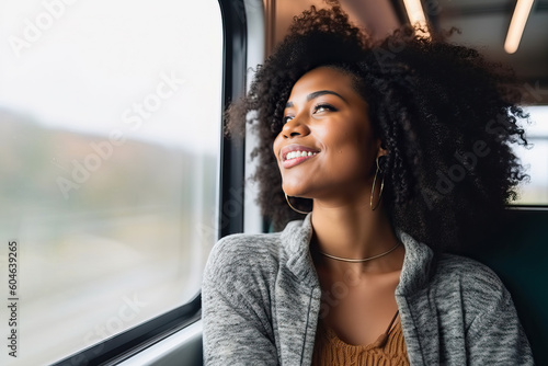 A afro American woman looking out the window of a train