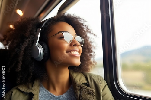A afro American woman wearing headphones and listening to music © Nedrofly