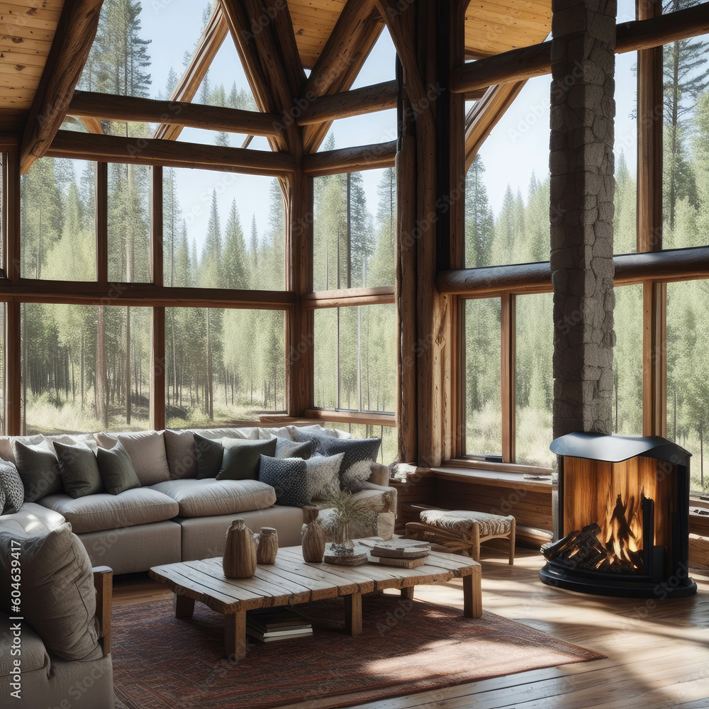 Obraz premium Realistic Modern Luxury High Ceiling Cabin Living Room Interior Wooden Floor With Big Windows Natural Sun Light Wall Library, Stone Fireplace Mountain Forest Scene Generative Ai