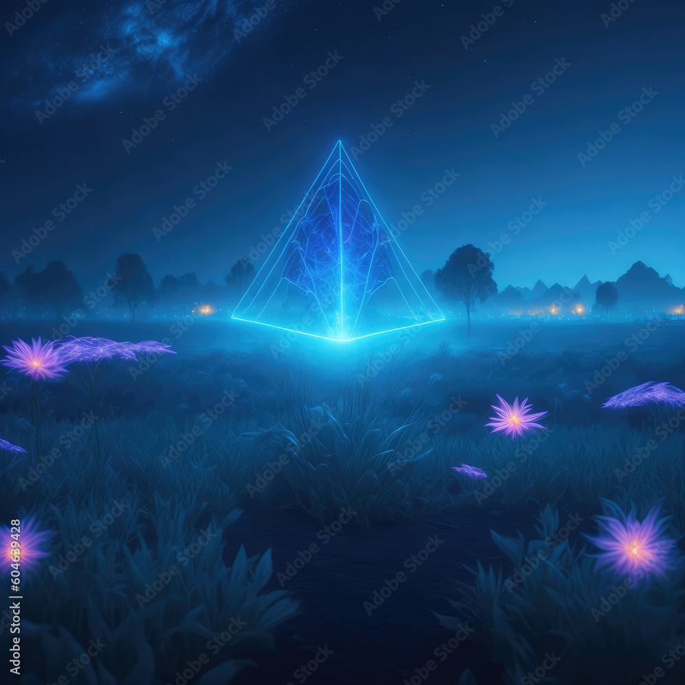 Fantasy Fairytale Neon Ray Triangle Arch Glowing Purple Over Alien Futuristic Field with Flowers Star Night Generative Ai