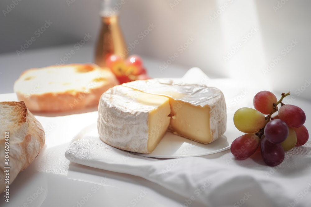 Camembert and brie cheese on wooden background with nuts, created with Generative AI Technology