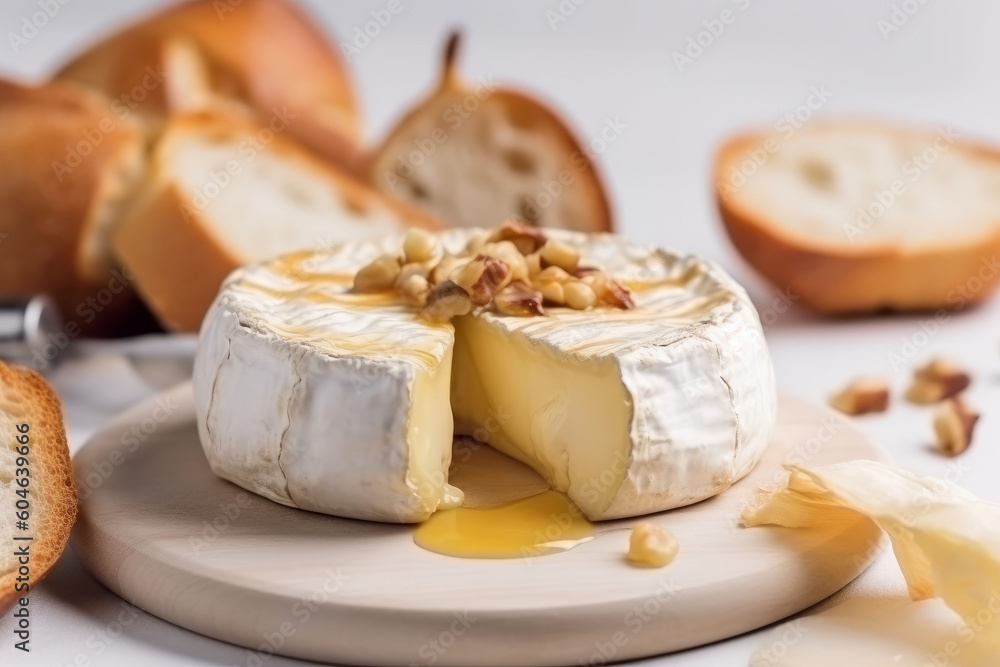 Camembert and brie cheese on wooden background with nuts, created with Generative AI Technology