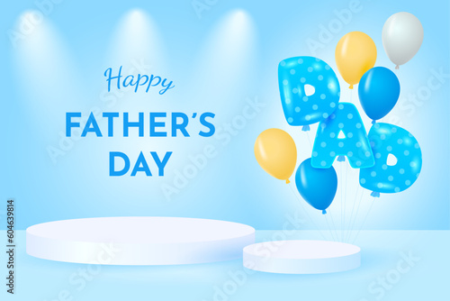 Father's Day banner with 3D product stand display and balloons on clean white blue background