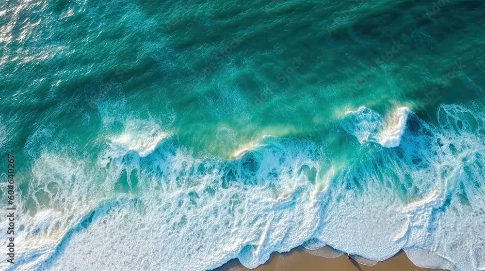 Aerial top view of beach and sea with blue water waves. Ocean waves on the beach as a background. Generative ai