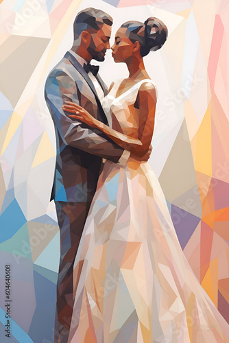 3D with the low poly, portraying a bride and groom, radiating love and happiness on their special day. The delicate brushstrokes and soft colors of the watercolor medium capture the beauty and tendern photo