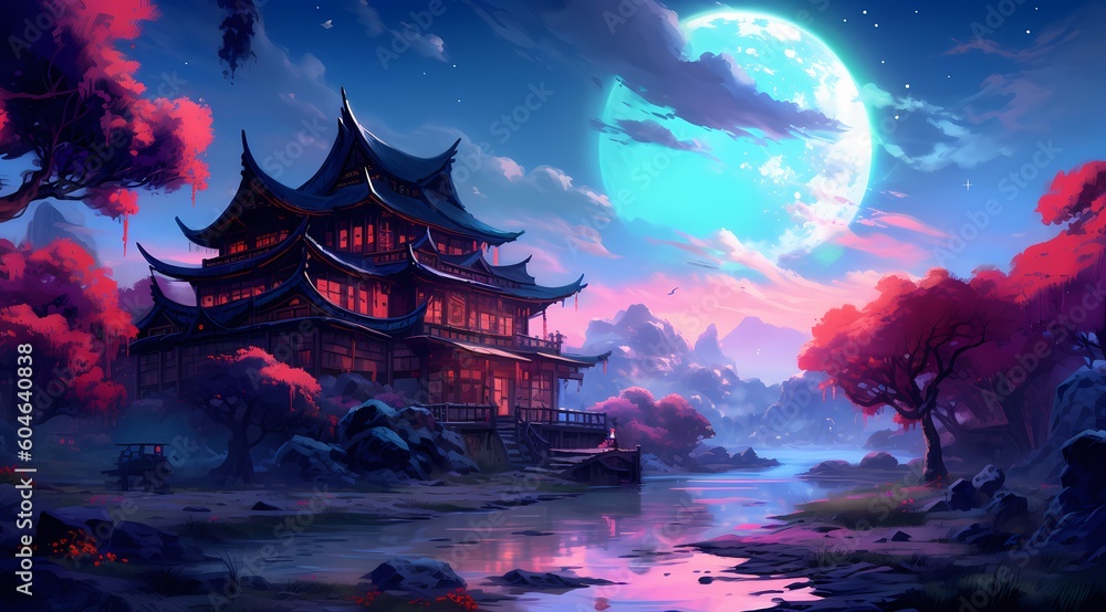 Obraz premium A painting of a japanese house beautifull generated ai