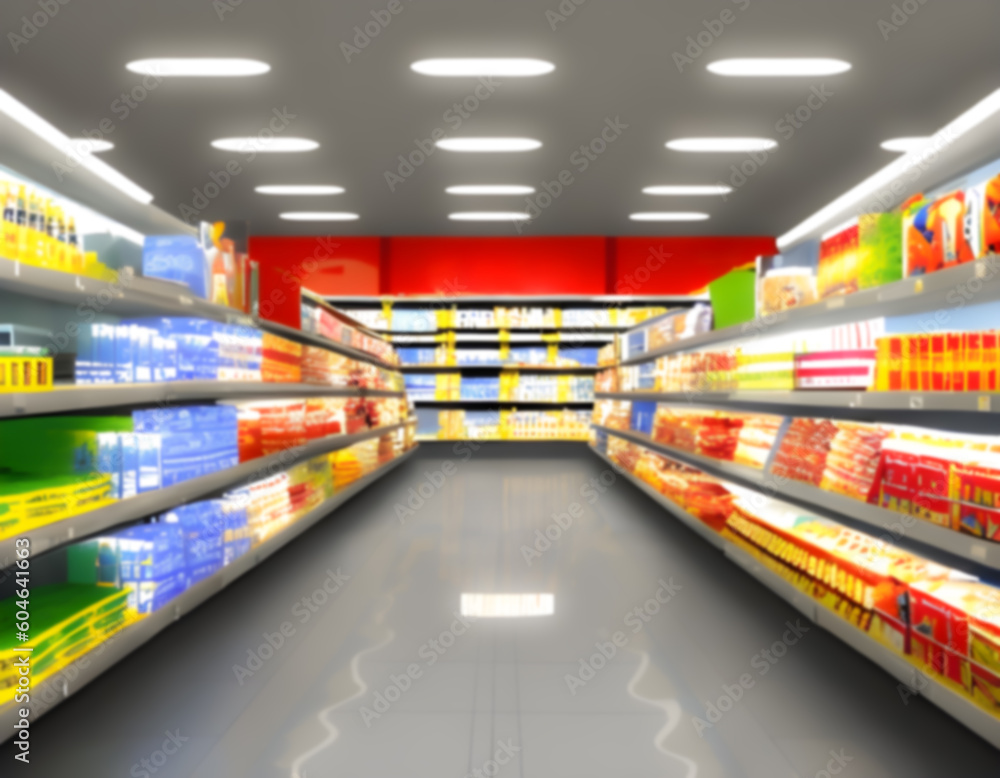 Blurred Background Abstract Bokeh Shelving unit in Shopping store supermarket look at the lights ..