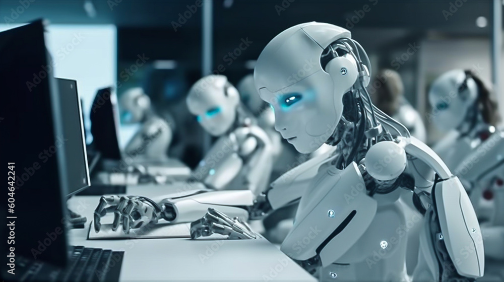 machine AI bot working with people in the office and production for industrial revolution and automation manufacturing process. humanoid AI robots, unemployment. Generative AI, illustration machine AI bot working with people in the office and production for industrial revolution and automation manufacturing process. humanoid AI robots, unemployment. Generative AI, illustration
