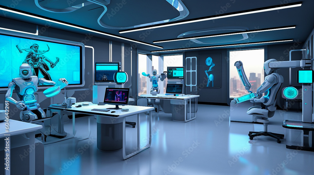 machine AI bot working with people in the office and production for industrial revolution and automation manufacturing process. humanoid AI robots, unemployment. Generative AI, illustration machine AI bot working with people in the office and production for industrial revolution and automation manufacturing process. humanoid AI robots, unemployment. Generative AI, illustration