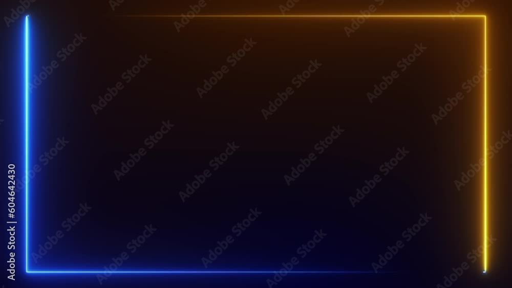 Abstract futuristic background with blue yellow glowing neon light frame illuminated. Seamless looping animation