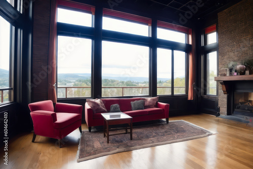Interior design of dark living room loft with fireplace. Generative AI