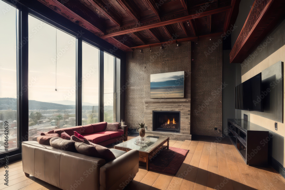 custom made wallpaper toronto digitalInterior design of dark living room loft with fireplace. Generative AI