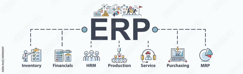 ERP banner web icon for enterprise resource planning with icon of inventory, financials, human resource, production, service, purchasing, and mrp. Minimal flat vector infographic.