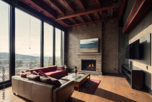 Wallpaper Mural Interior design of dark living room loft with fireplace. Generative AI Torontodigital.ca