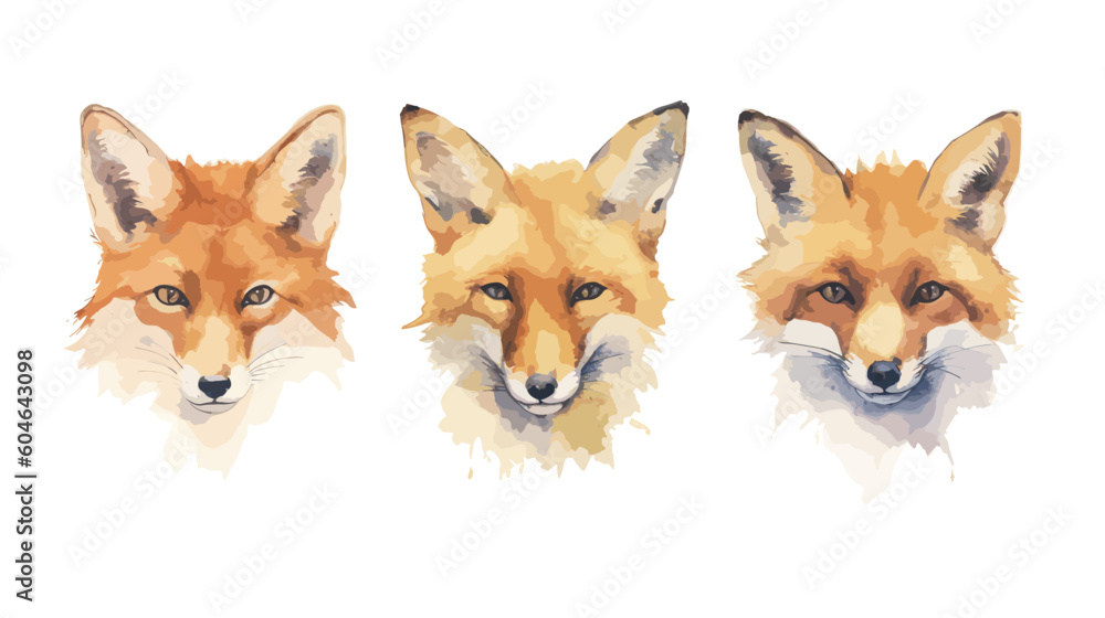 Fototapeta premium Set, Watercolor, Fox faces, Illustration, High detail, Sharp edges, Sharp lines, Artistic, Wildlife, Animal, Nature, Red fox, Colorful, Vibrant, Detailed, Hand-painted, Fine art, Portraits, Expressive