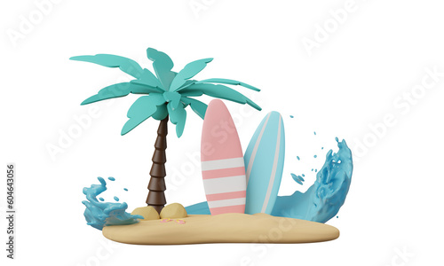 Canvas Print Summer pink vacation beach with Minimal Surfboard, island, s background concept, Realistic Display for Product mock-up or Cosmetics with summer pink theme