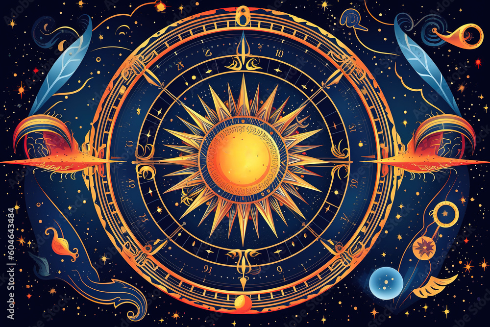 magic banner for astrology, magic divination, cosmic device, crescent moon and sun with moon on blue background, mystical vector illustration, pattern