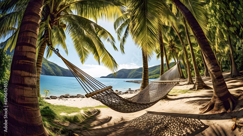 beautiful hammock on a caribbean beach with turquoise water and palm trees photo