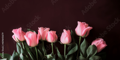 Pink roses on a brown background, Space for text, Generative AI