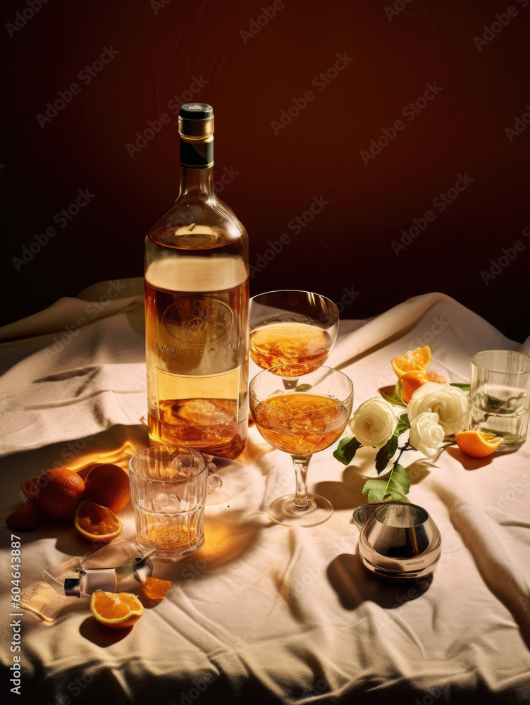 Alcohol elite brandy and flower on the table Alcohol elite brandy and flower on the table