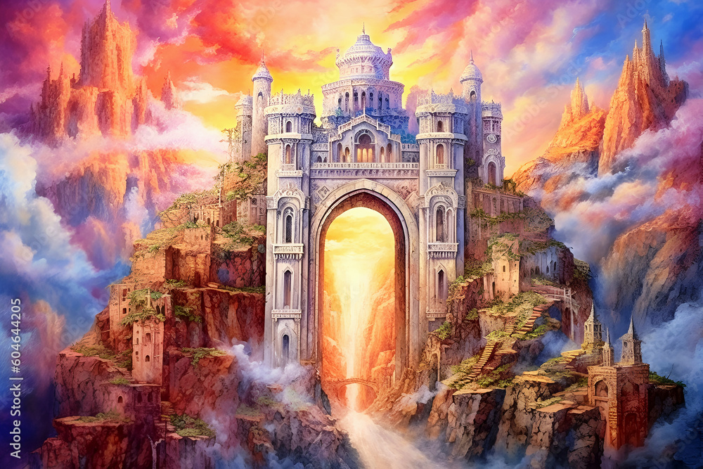 Majestic beautiful gates of paradise. Boundless cloudy shining sky. Door to bright future. Generative AI
