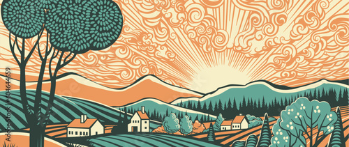 Rolling hills, fields and farm or vineyards background illustration. Forests and mountains in the background. In a vintage retro woodcut or lino print or linoleum cut style