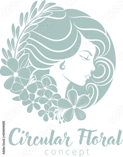 A woman circle profile face and flowers floral hair salon hairdresser spa beauty or similar concept