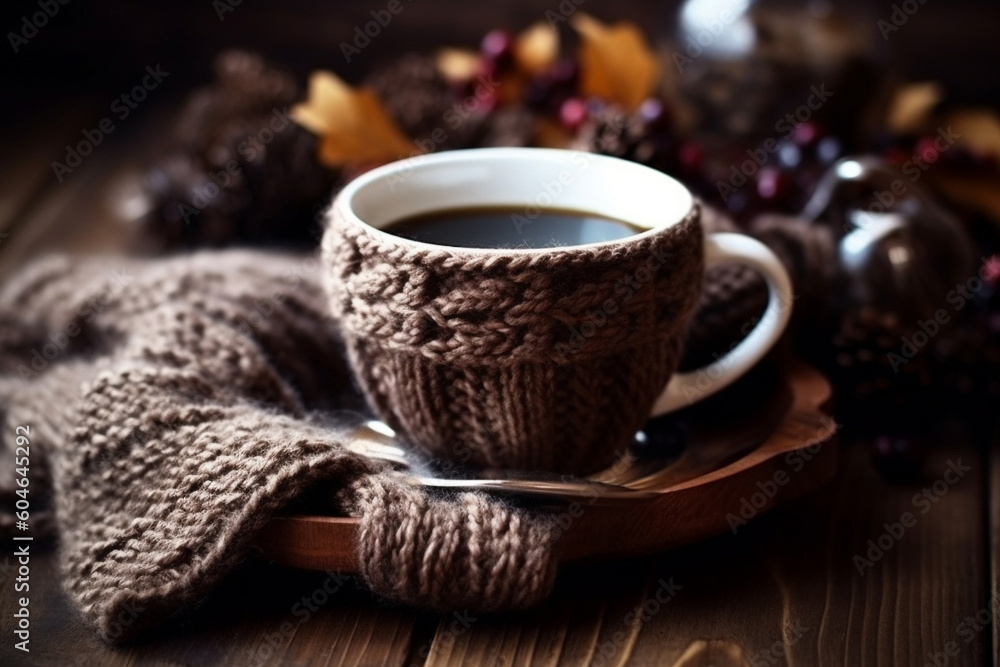 Autumn composition with a cup of hot black coffee with knitted material on a wooden table Autumn composition with a cup of hot black coffee with knitted material on a wooden table