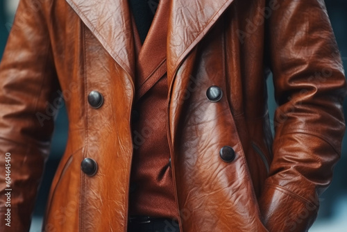 Fashion details of dark brown leather classy jacket with buttons. Fancy male clothing
