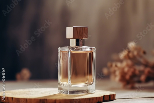 Mockup perfume bottle in a minimalistic style on a wooden stand. Copy space. Product design perfumery concept